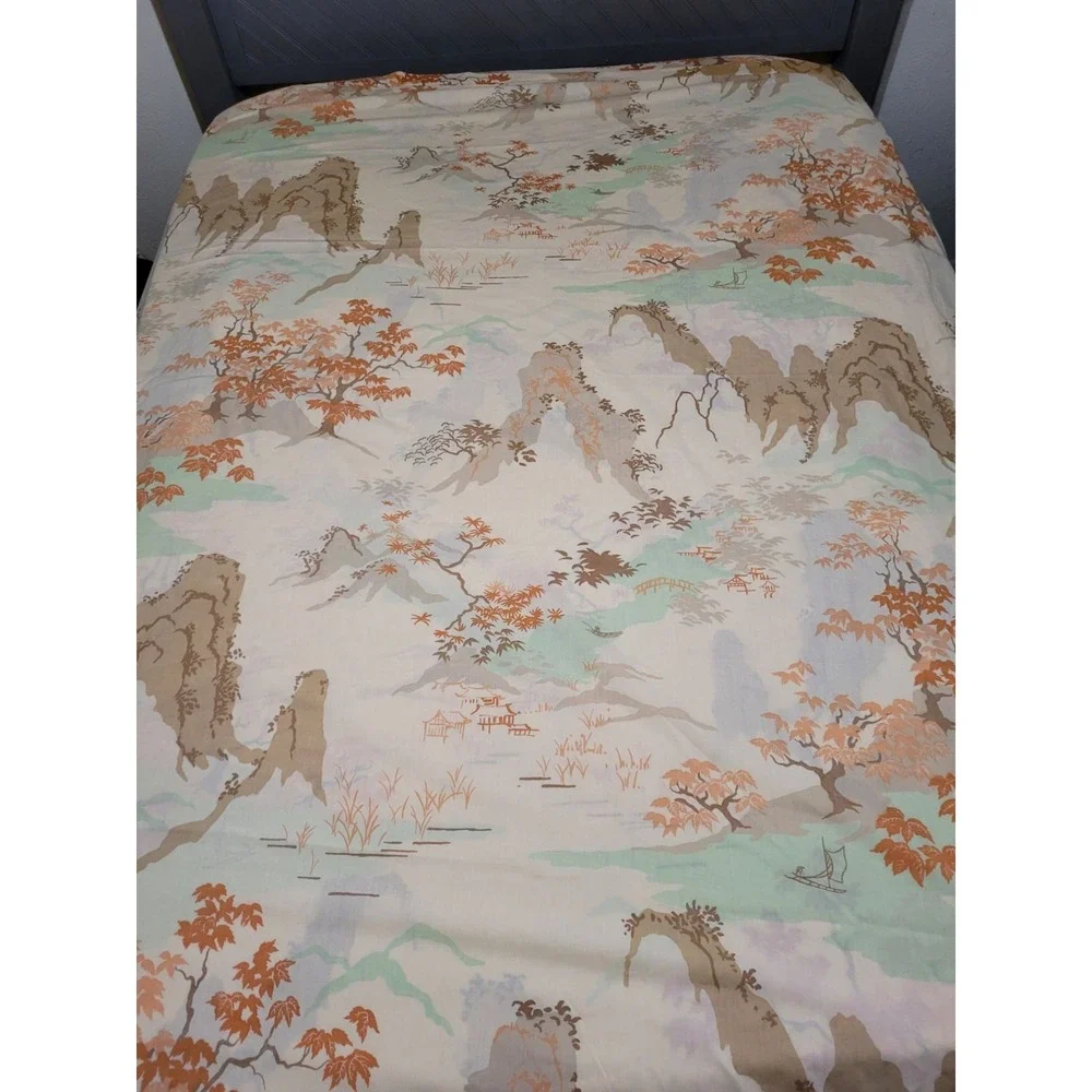 Vintage Asian-Inspired Full Flat & Fitted Sheets Set With Scenic Mountain & Tree